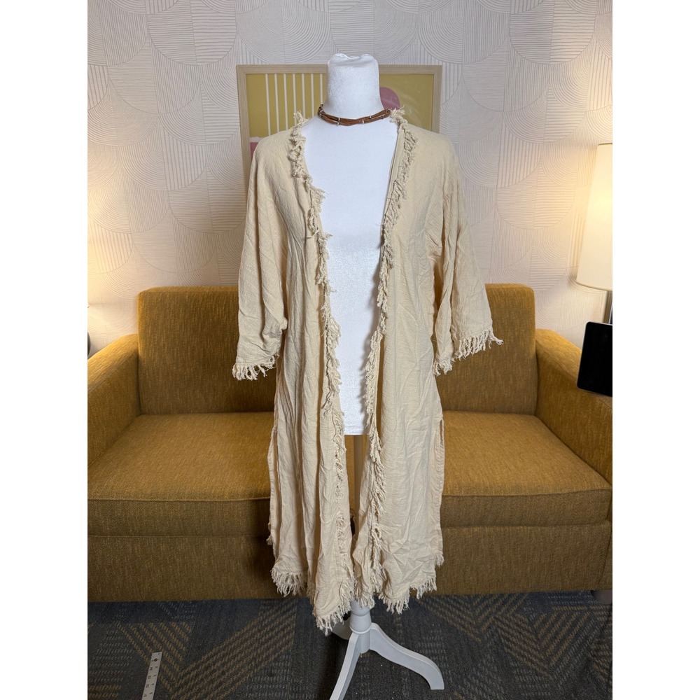 Krazy Kat Womens L/XL Cream Cotton Linen Fringe Kimono Cardigan Open Front Gauze